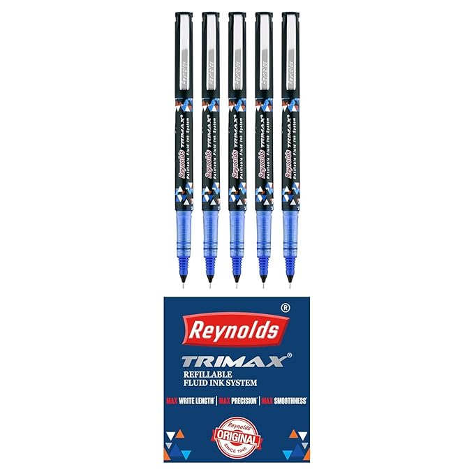 Reynolds TRIMAX RollerBall Pen SET - 5 PENS BLUE | ROLLER BALL PEN FOR WRITING | PEN FOR STUDENTS & OFFICE STATIONERY | 0.5 mm TIP SIZE