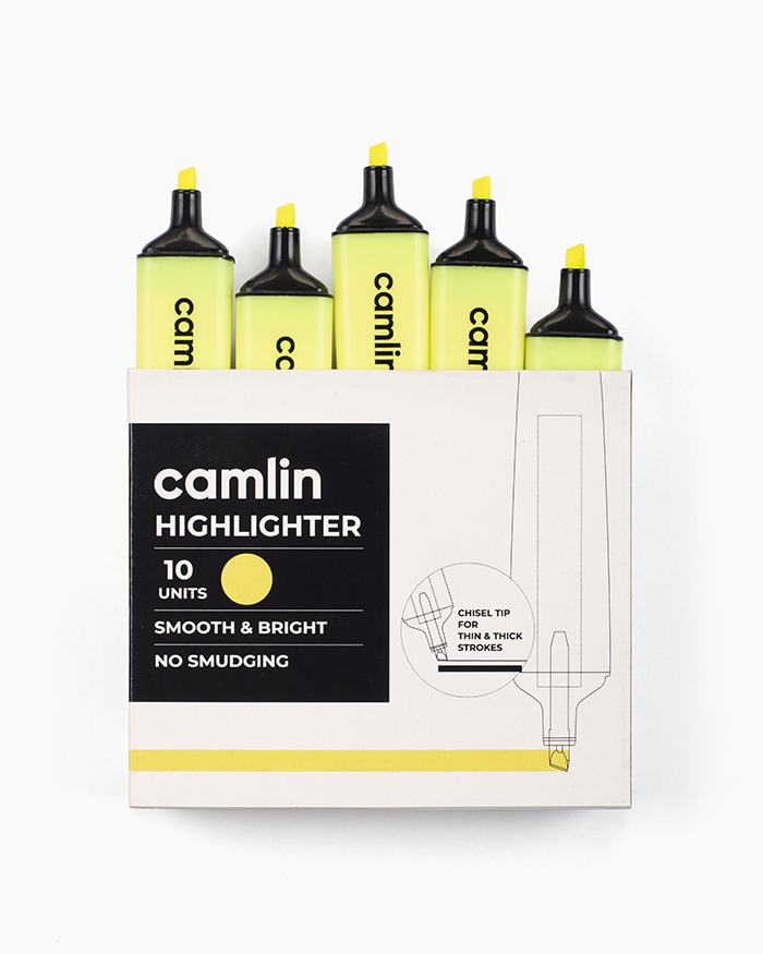 Camlin Highlighters-Carton of 10 highlighters in Yellow shade