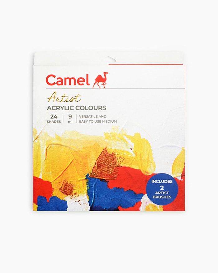 Camel Artist Acrylic Colours-Assorted pack of 24 shades in 9ml,1 shade in 20ml with Mediums and Brushes