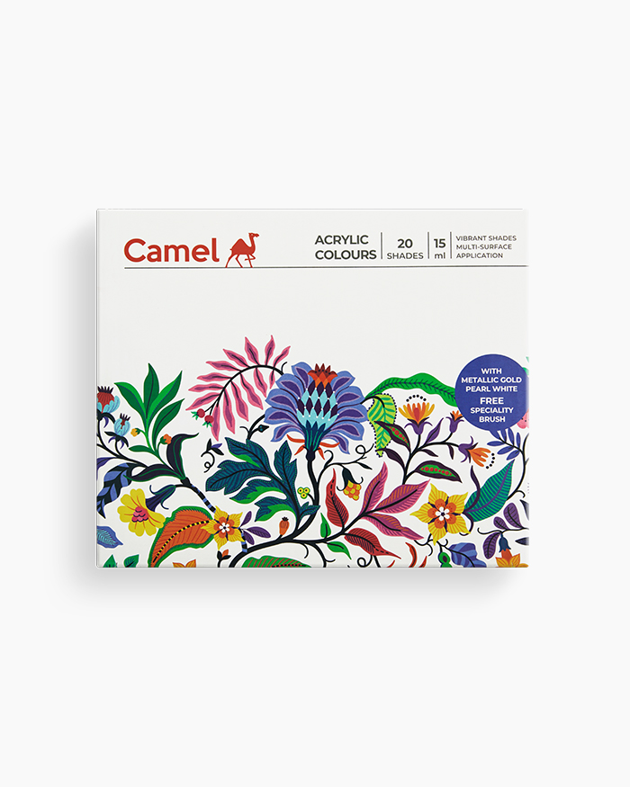Camel Acrylic Colours-Assorted pack of 20 shades in 15ml with Brush,Ultra,Pearl,and Metallic  ranges